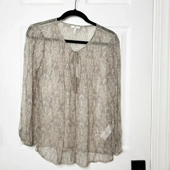 JOIE 100%‎ Silk Beige Pleated Front Tassel Tie Sheer Blouse Size XS - Picture 1 of 7